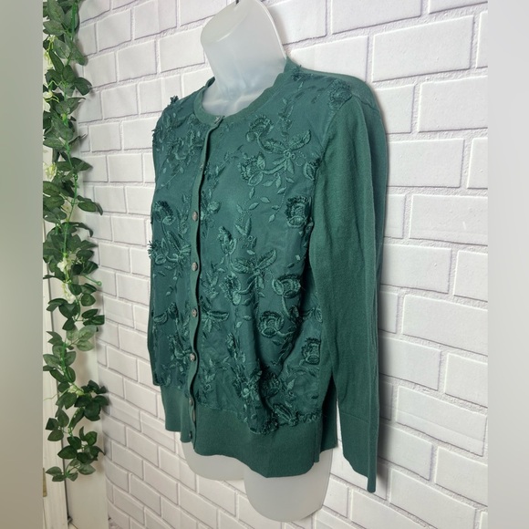 ANN TAYLOR green Embroireded Cardigan with Textured Floral Design/size L - Picture 7 of 11